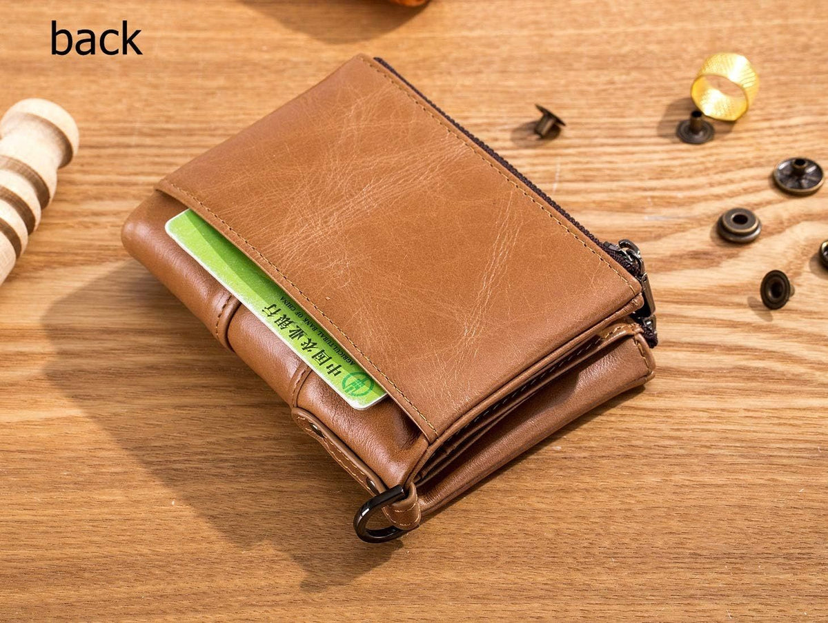 Men Wallet Genuine Leather RFID Blocking Wallets with Anti Theft Chain Brown