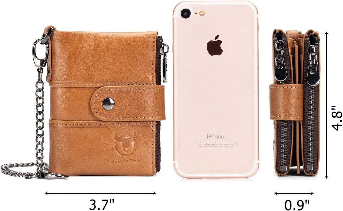 Men Wallet Genuine Leather RFID Blocking Wallets with Anti Theft Chain Brown