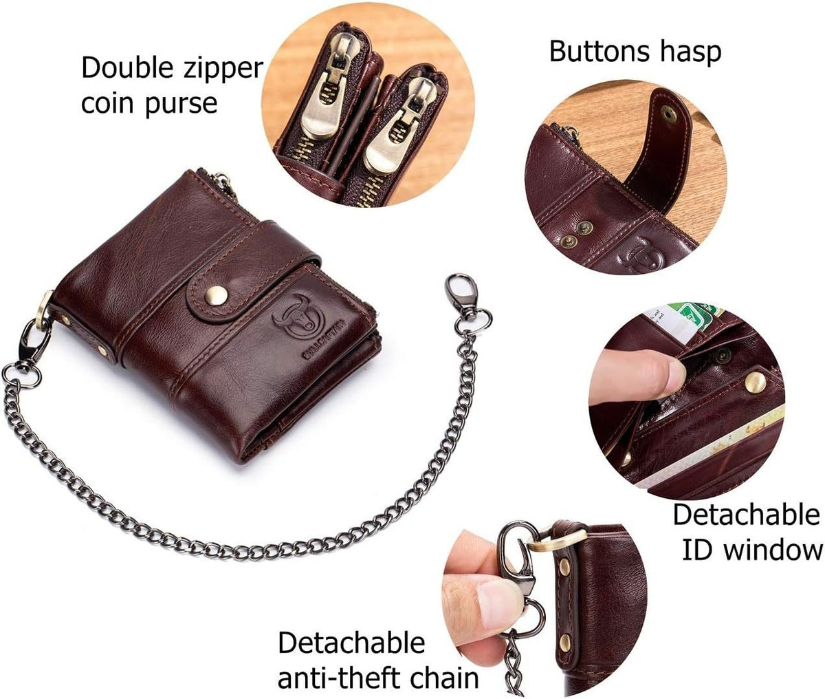 Men Wallet Genuine Leather RFID Blocking Wallets with Anti Theft Chain Coffee