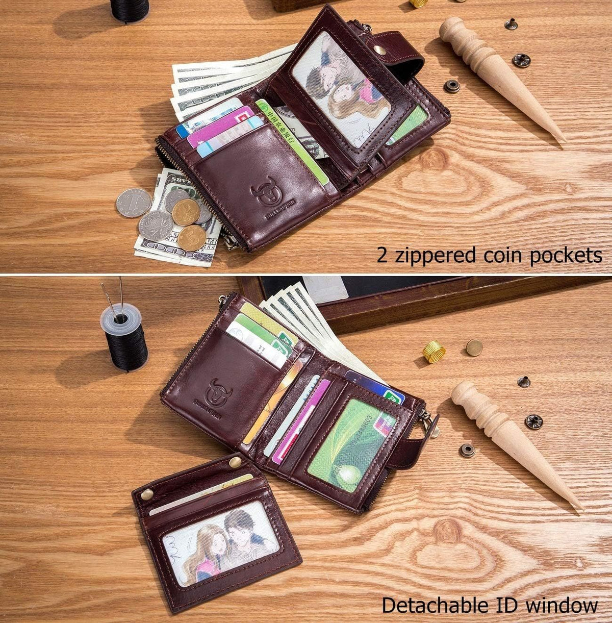 Men Wallet Genuine Leather RFID Blocking Wallets with Anti Theft Chain Coffee