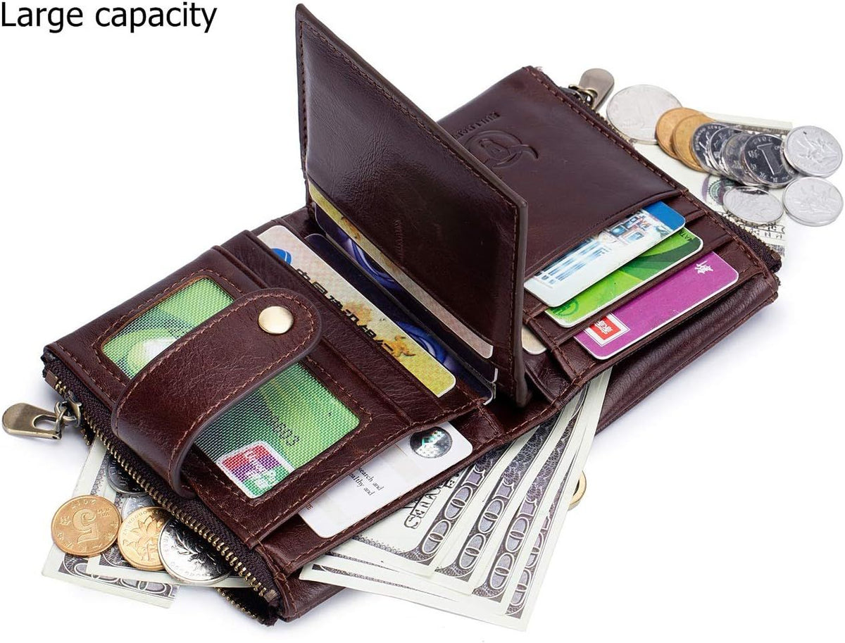 Men Wallet Genuine Leather RFID Blocking Wallets with Anti Theft Chain Coffee