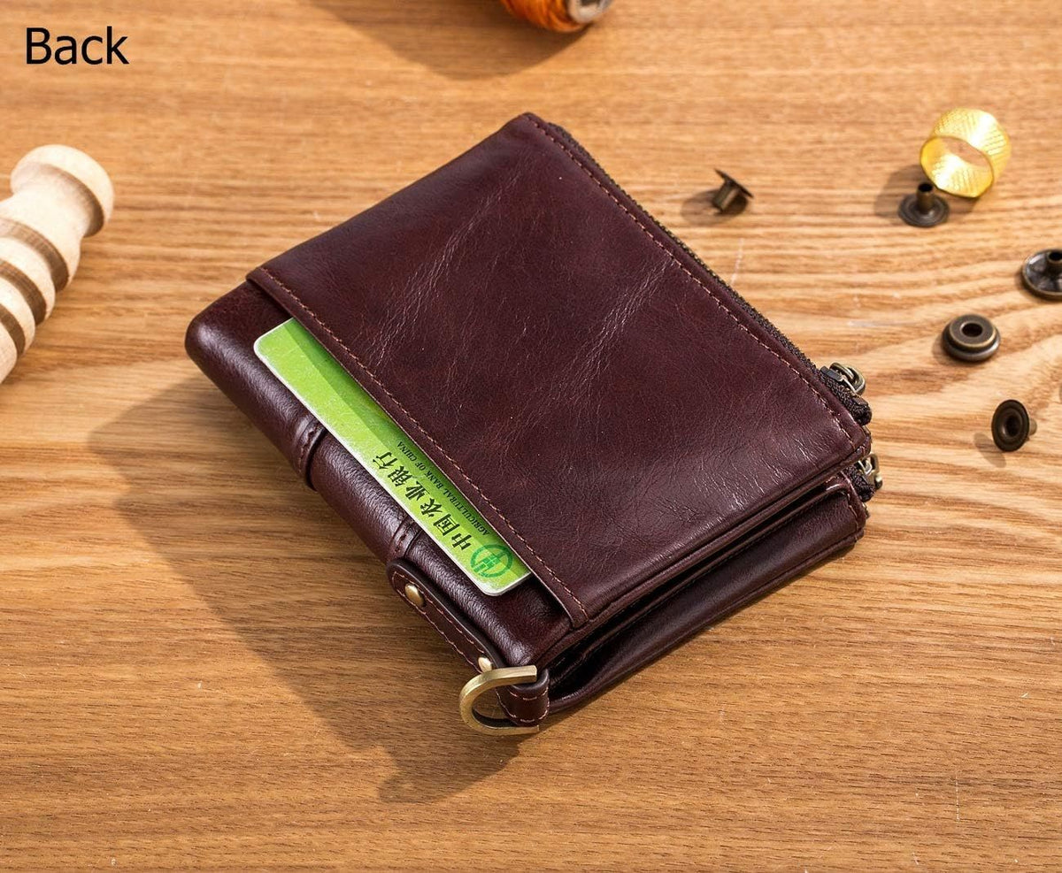 Men Wallet Genuine Leather RFID Blocking Wallets with Anti Theft Chain Coffee