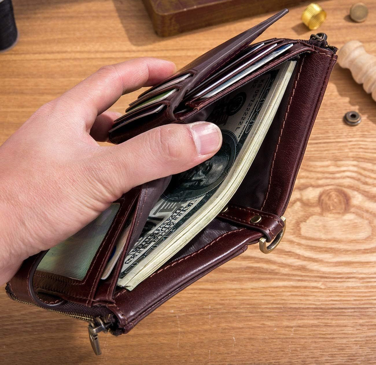 Men Wallet Genuine Leather RFID Blocking Wallets with Anti Theft Chain Coffee