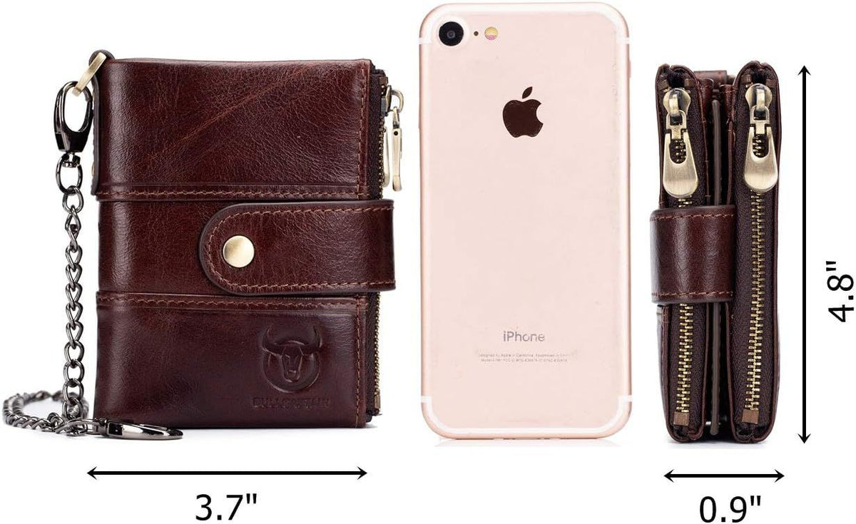Men Wallet Genuine Leather RFID Blocking Wallets with Anti Theft Chain Coffee