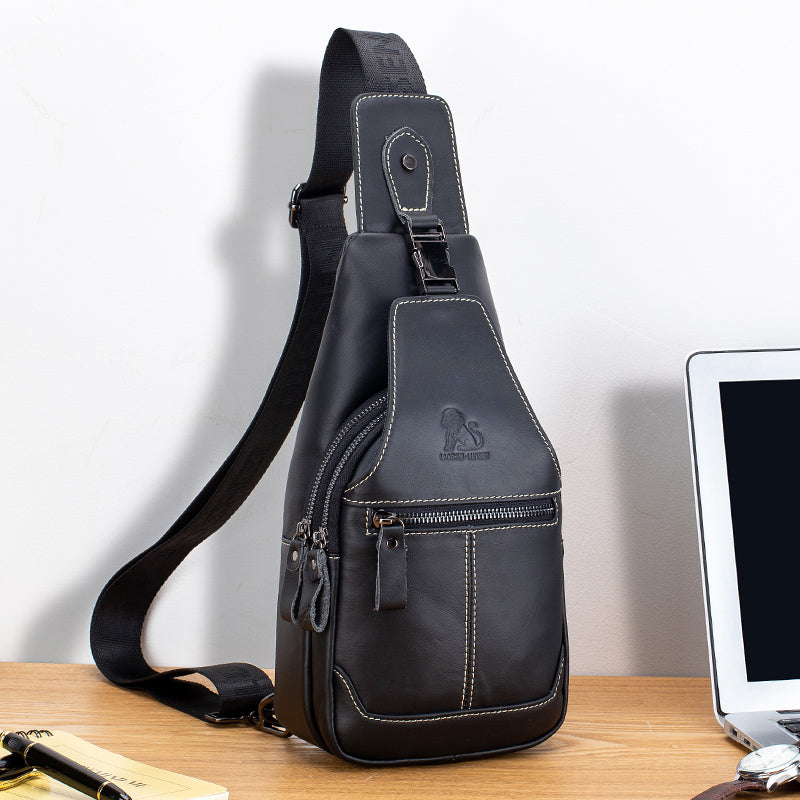 Men Women Leather Sling Bag Outdoor Sports Crossbody Backpack Black