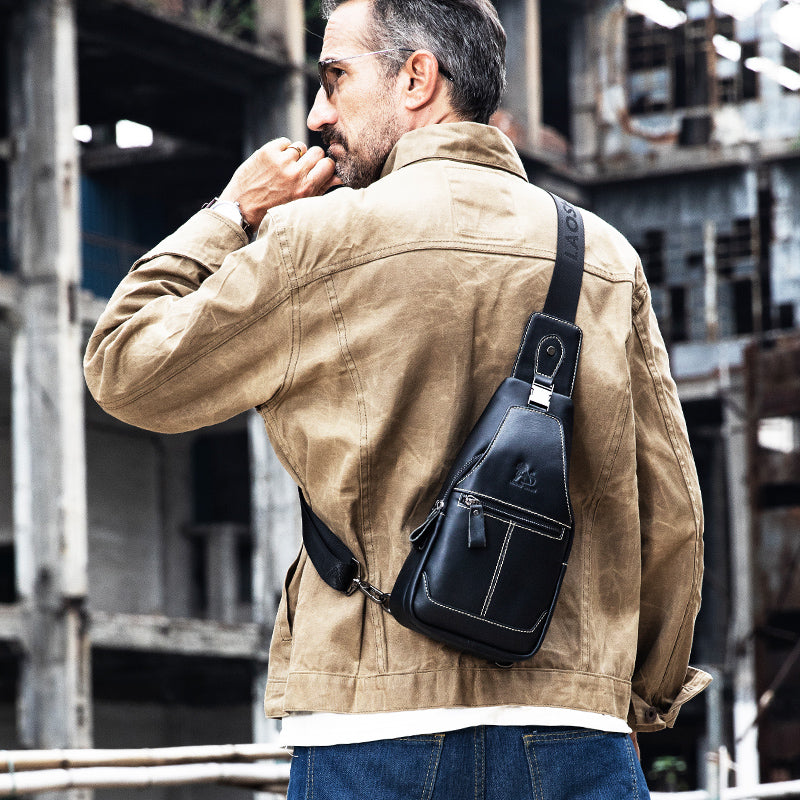 Men Women Leather Sling Bag Outdoor Sports Crossbody Backpack Black