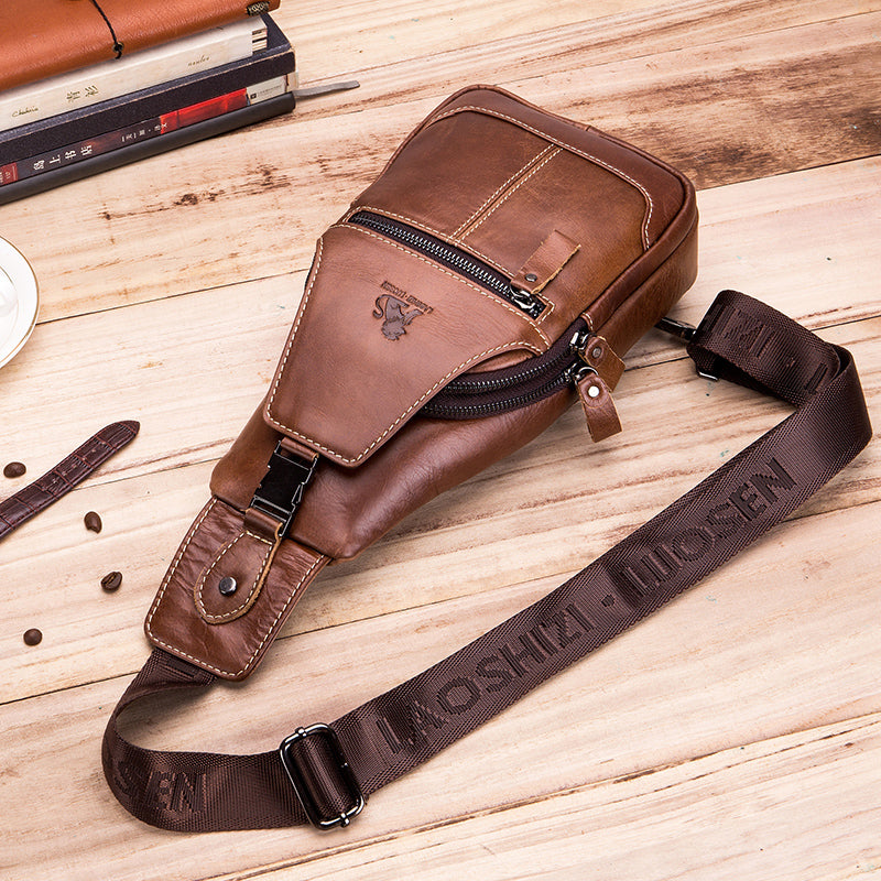 Men Women Leather Sling Bag Outdoor Sports Crossbody Backpack Brown