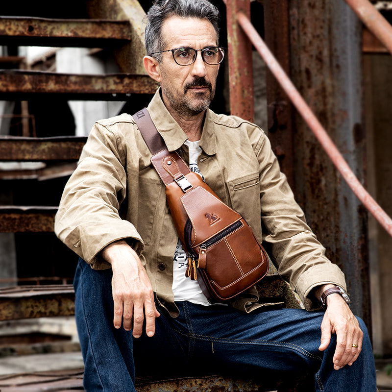 Men Women Leather Sling Bag Outdoor Sports Crossbody Backpack Brown