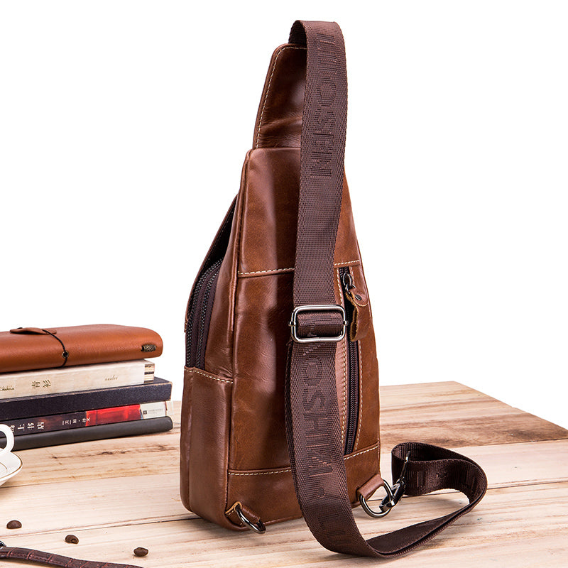 Men Women Leather Sling Bag Outdoor Sports Crossbody Backpack Brown