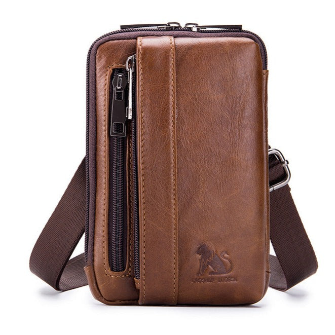 Men Women Leather Waist Bag Phones Shoulder Running Sports Bag Brown
