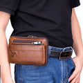 Men Women Leather Waist Bag Phones Shoulder Running Sports Bag Brown