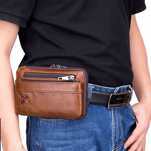 Men Women Leather Waist Bag Phones Shoulder Running Sports Bag Brown