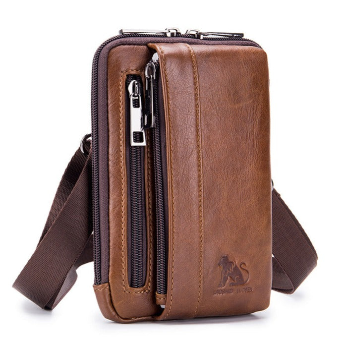 Men Women Leather Waist Bag Phones Shoulder Running Sports Bag Brown