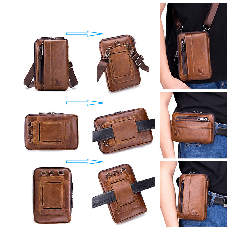 Men Women Leather Waist Bag Phones Shoulder Running Sports Bag Brown