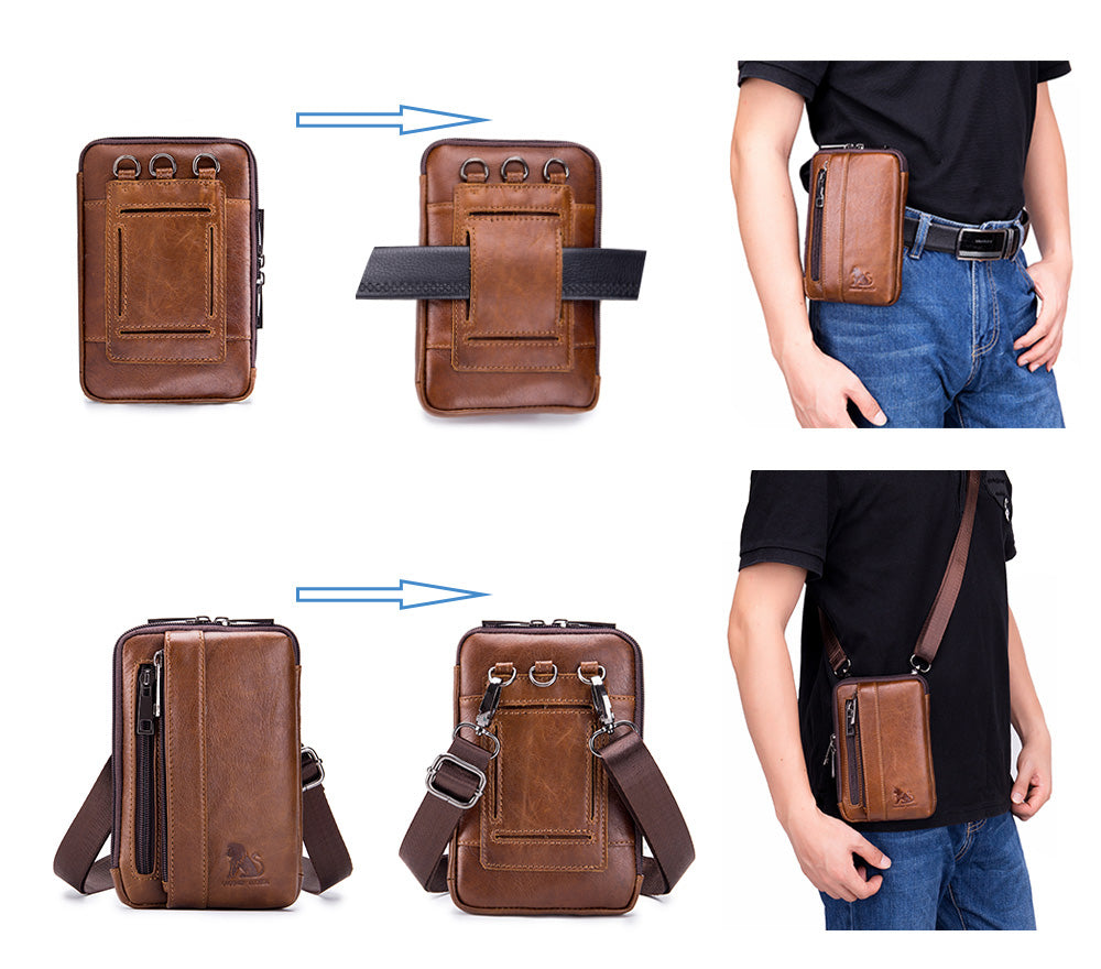Men Women Leather Waist Bag Phones Shoulder Running Sports Bag Brown
