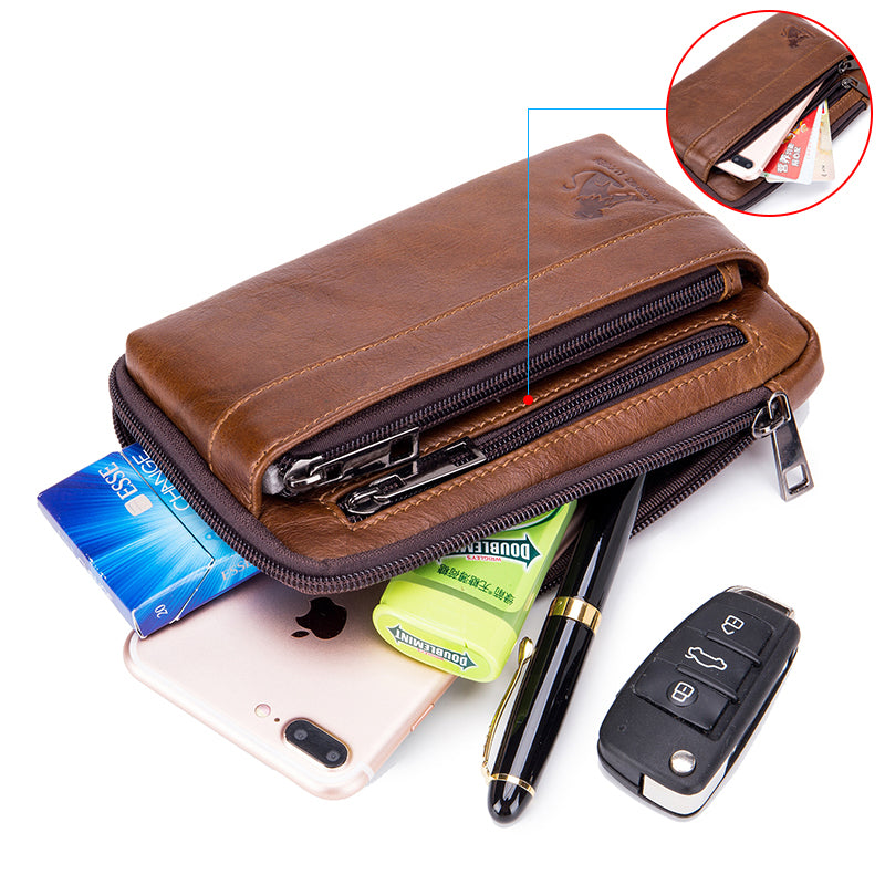 Men Women Leather Waist Bag Phones Shoulder Running Sports Bag Brown