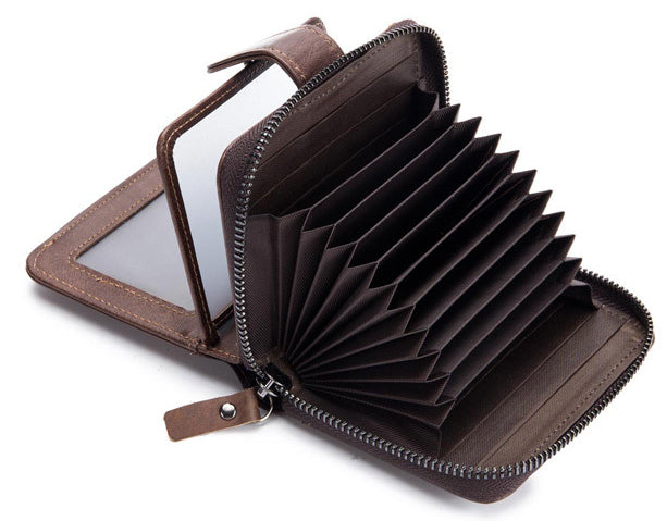 Men Zip Leather Wallet 14 Credit Card Holder with 4 ID Windows Coffee