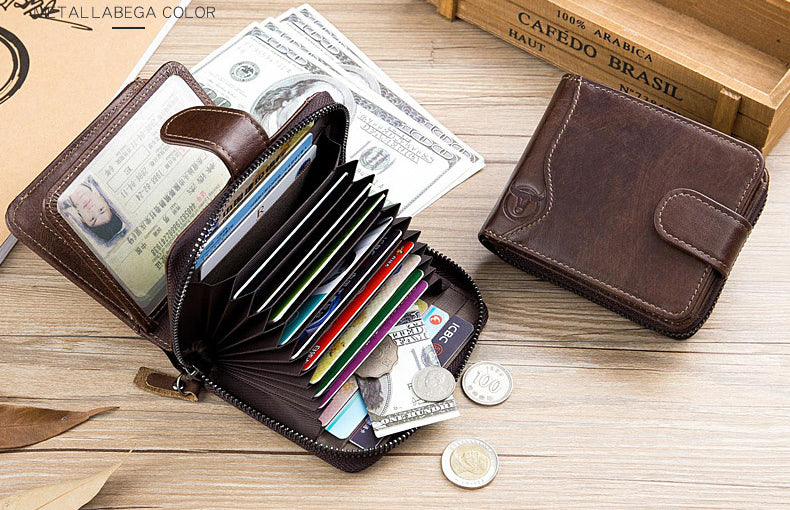 Men Zip Leather Wallet 14 Credit Card Holder with 4 ID Windows Coffee