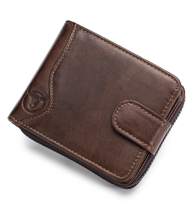 Men Zip Leather Wallet 14 Credit Card Holder with 4 ID Windows Coffee