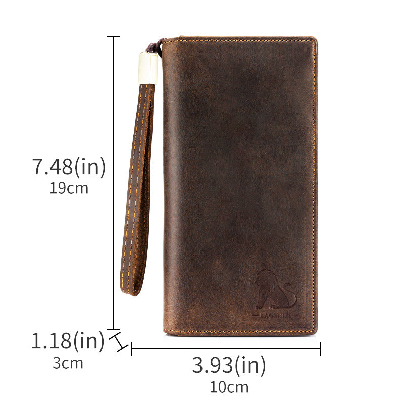 Men's Crazy Horse Genuine Leather Long Wallet RFID Blocking Purses