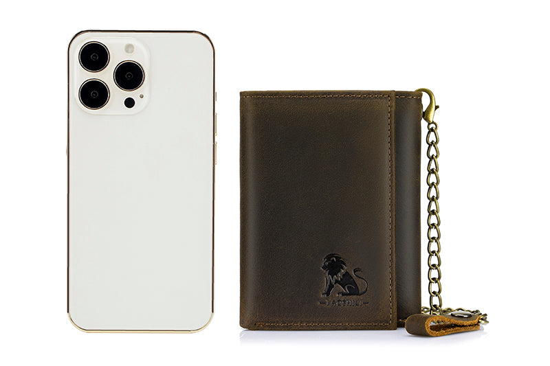 Men’s Genuine Leather Trifold Wallet with a Anti-theft Fixed Chain
