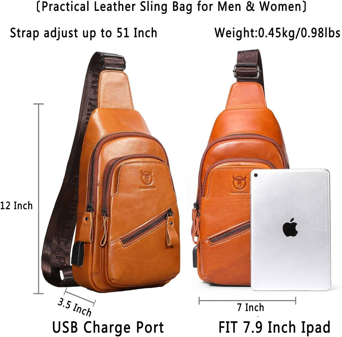 Men's Leather Sling Bag Crossbody Casual Daypack Chest Bag Purse