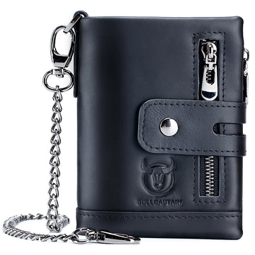 Men's Wallet Genuine Leather Bifold Wallets With Anti-theft Chain