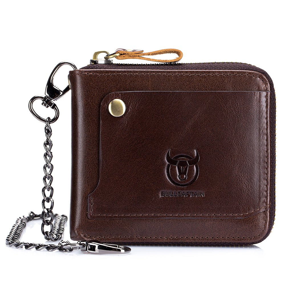 Men's Cowhide Genuine Leather Chain Wallet RFID Blocking Security Purse Coffee