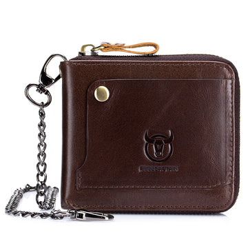 Men's Cowhide Genuine Leather Chain Wallet RFID Blocking Security Purse Coffee