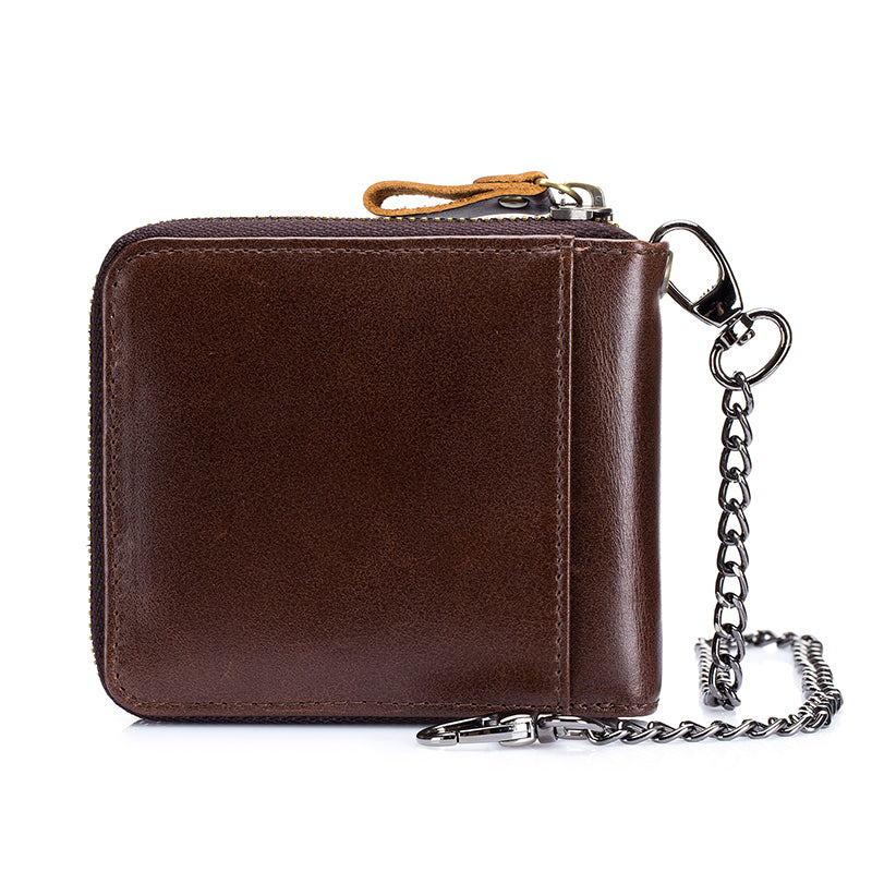 Men's Cowhide Genuine Leather Chain Wallet RFID Blocking Security Purse Coffee