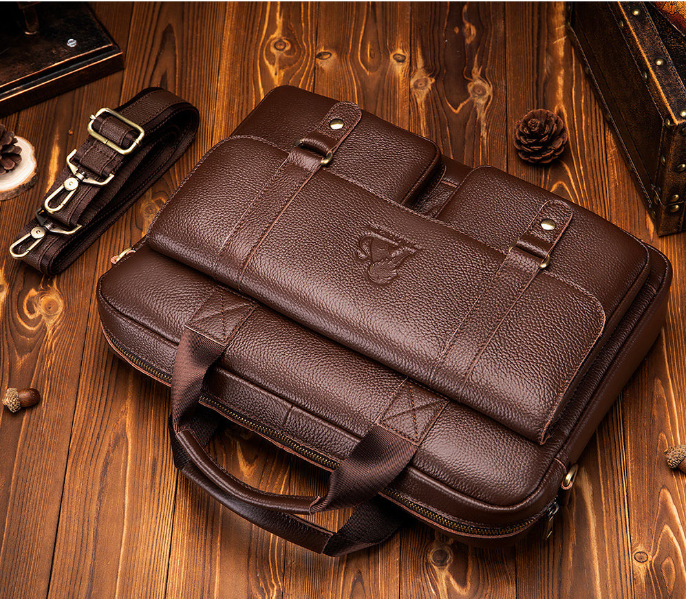 Men's Genuine Leather Briefcase Business Leather File iPad Messenger Bag Brown