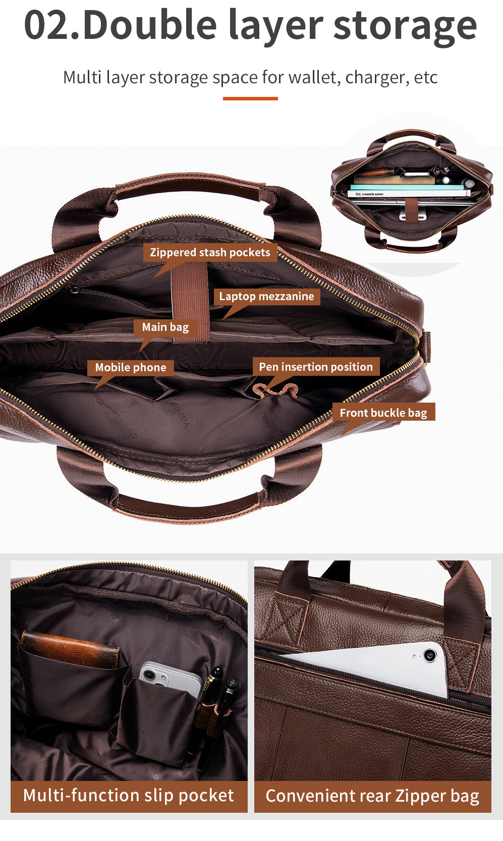 Men's Genuine Leather Briefcase Business Leather File iPad Messenger Bag Brown