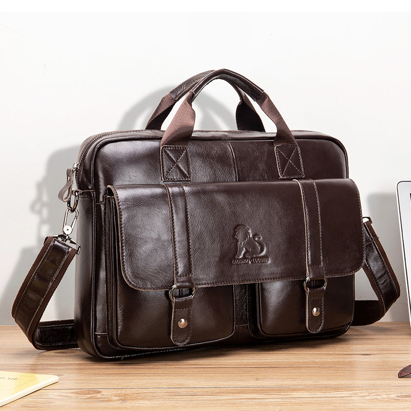 Men's Genuine Leather Briefcase Business Leather File iPad Messenger Bag Coffee