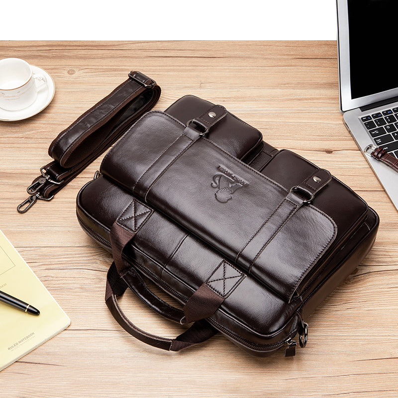 Men's Genuine Leather Briefcase Business Leather File iPad Messenger Bag Coffee