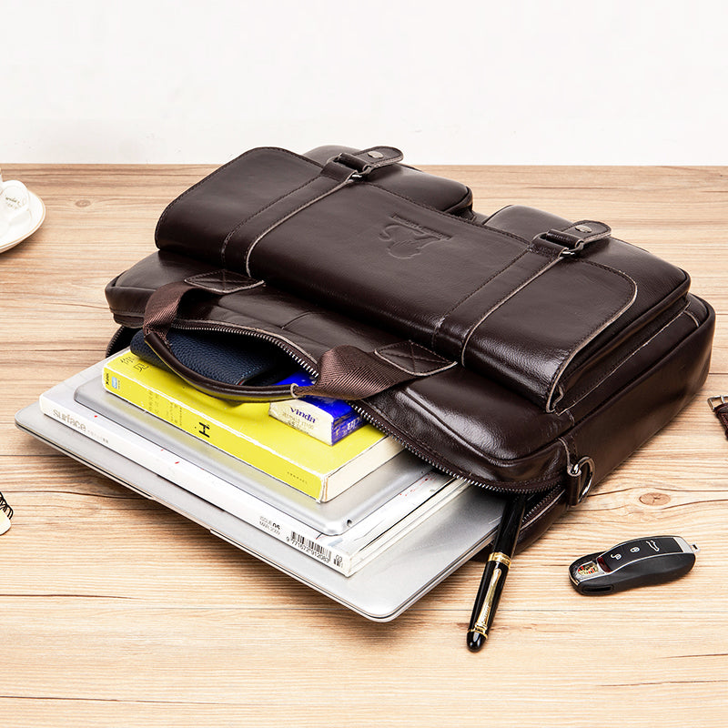 Men's Genuine Leather Briefcase Business Leather File iPad Messenger Bag Coffee