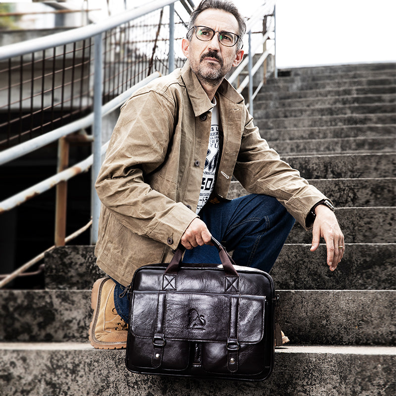 Men's Genuine Leather Briefcase Business Leather File iPad Messenger Bag Coffee
