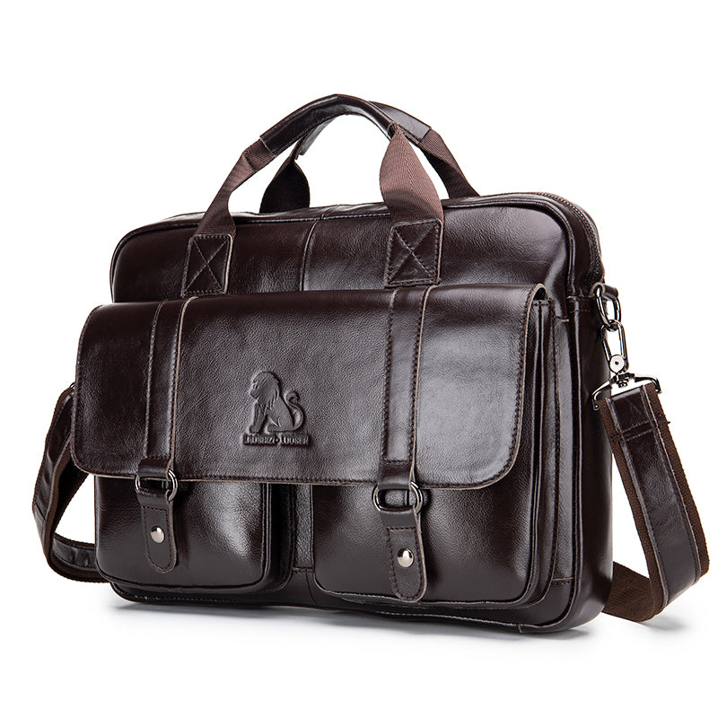 Men's Genuine Leather Briefcase Business Leather File iPad Messenger Bag Coffee