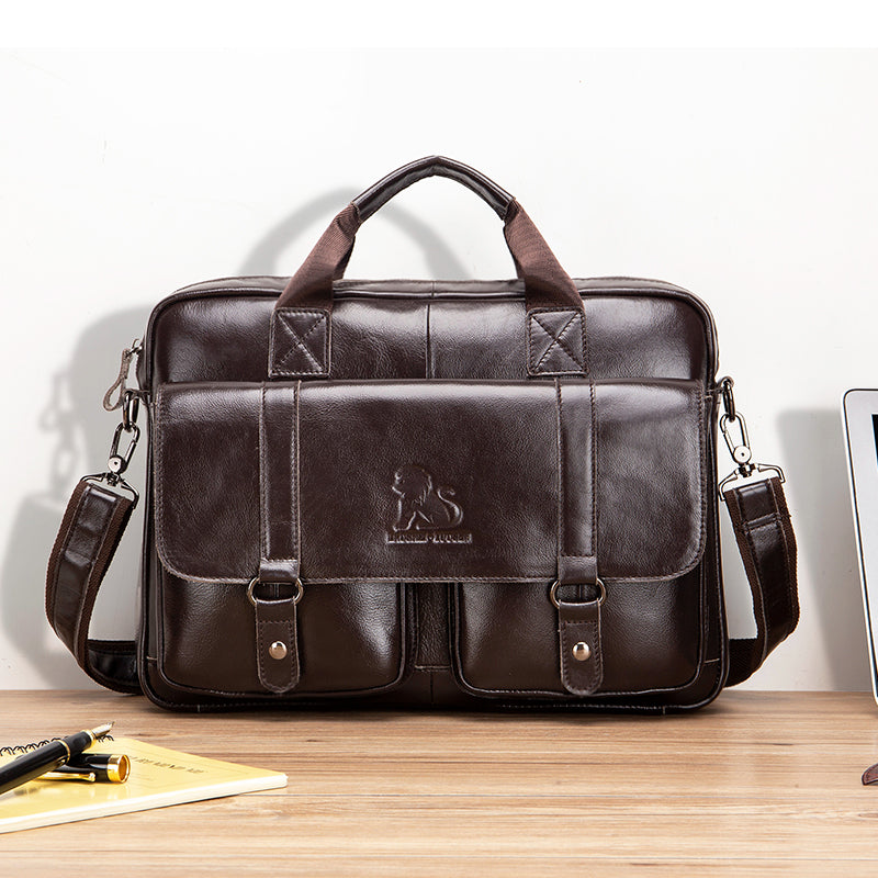 Men's Genuine Leather Briefcase Business Leather File iPad Messenger Bag Coffee