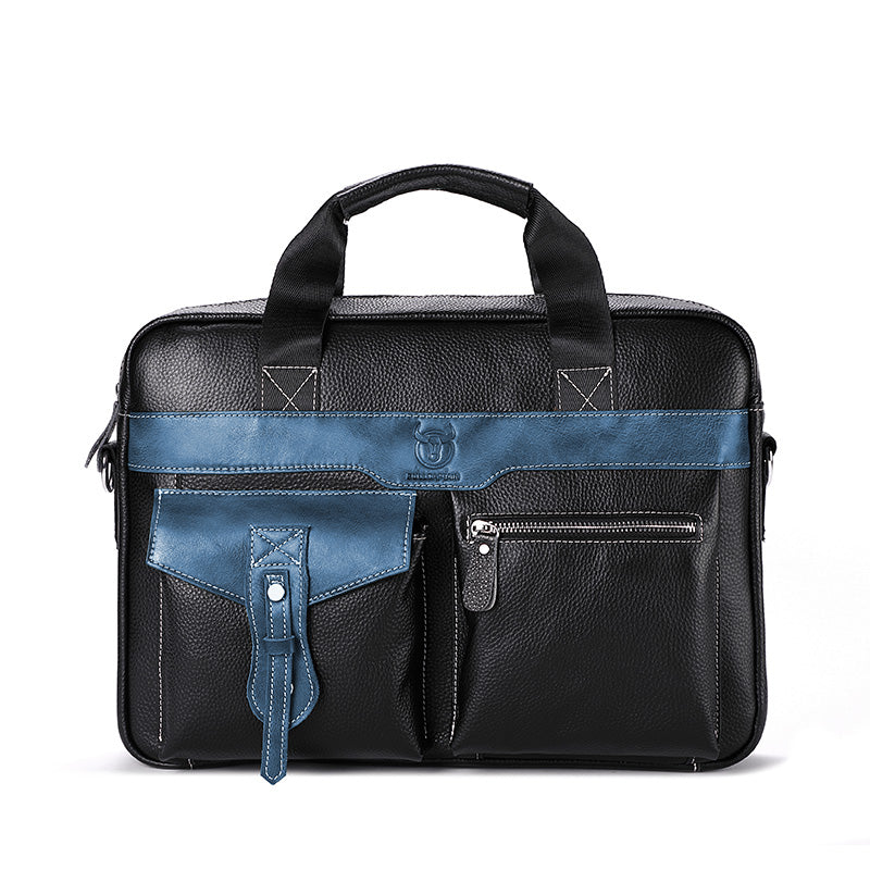 Men's Leather Business Bag Shoulder Conference Computer Messenger Bag Blue