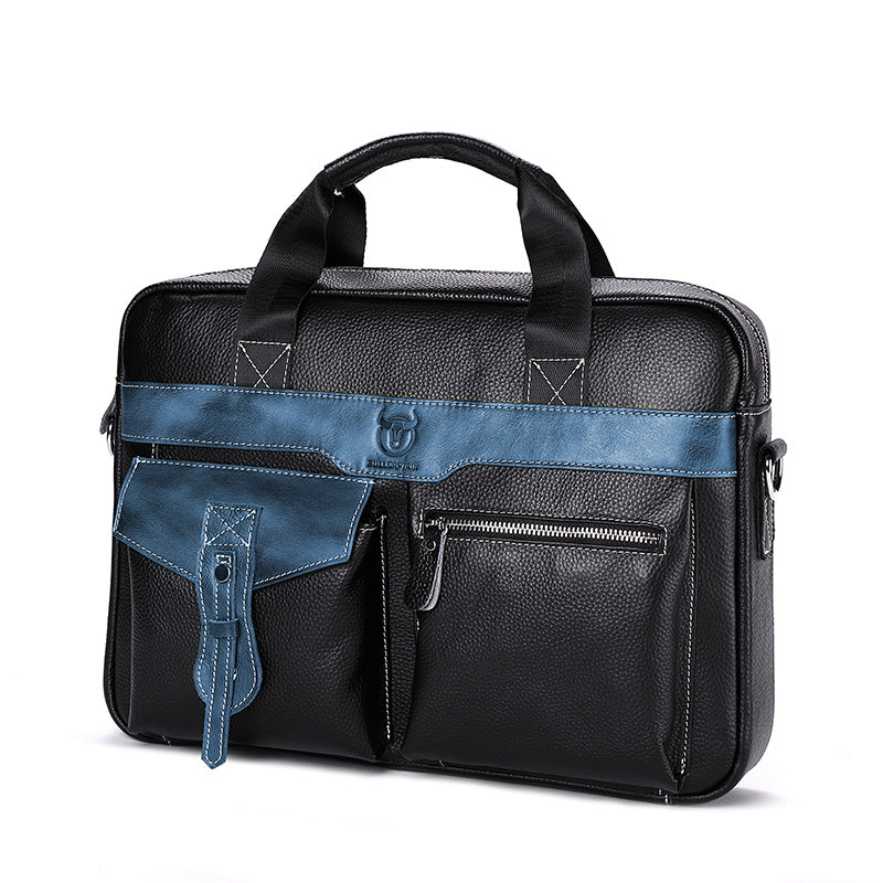 Men's Leather Business Bag Shoulder Conference Computer Messenger Bag Blue