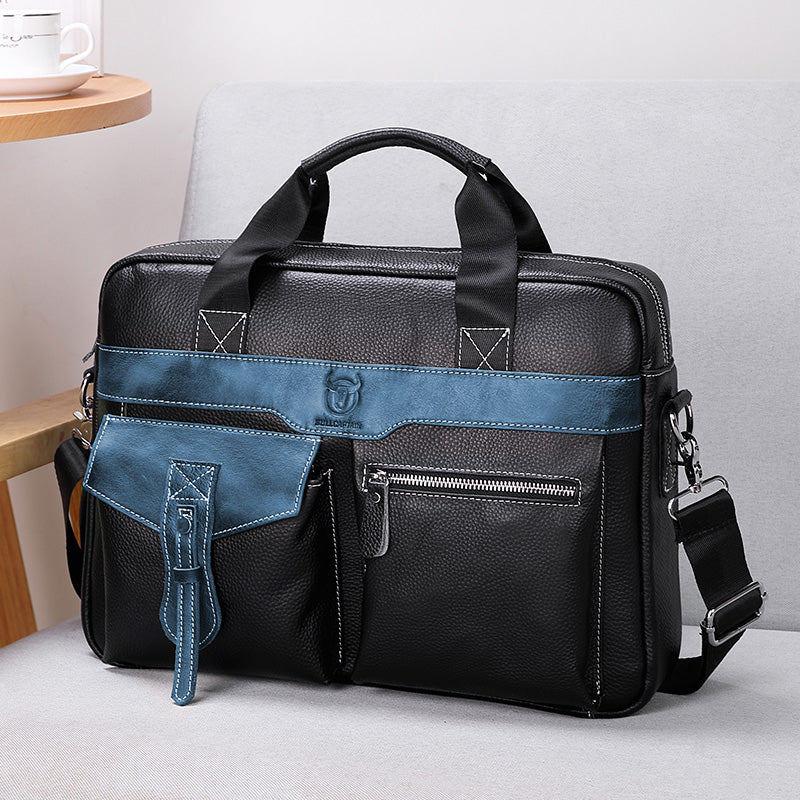 Men's Leather Business Bag Shoulder Conference Computer Messenger Bag Blue