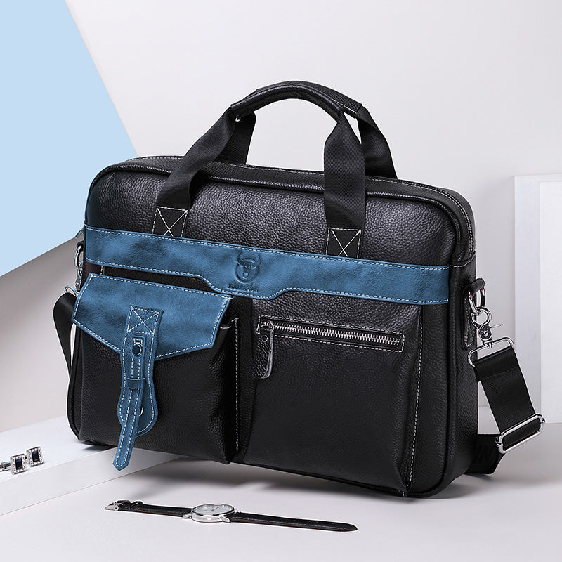 Men's Leather Business Bag Shoulder Conference Computer Messenger Bag Blue
