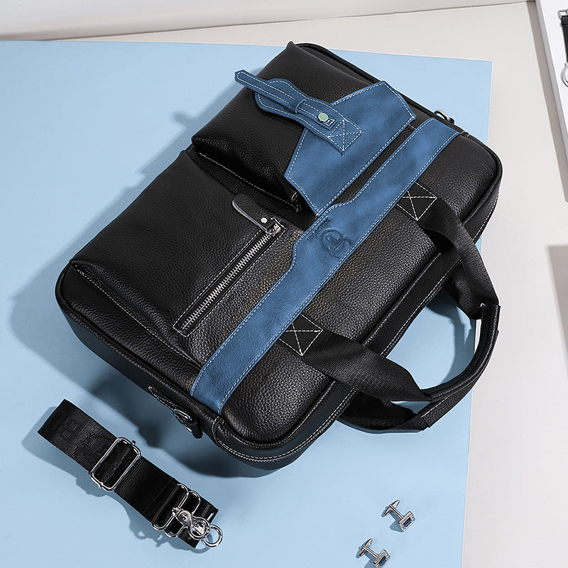 Men's Leather Business Bag Shoulder Conference Computer Messenger Bag Blue