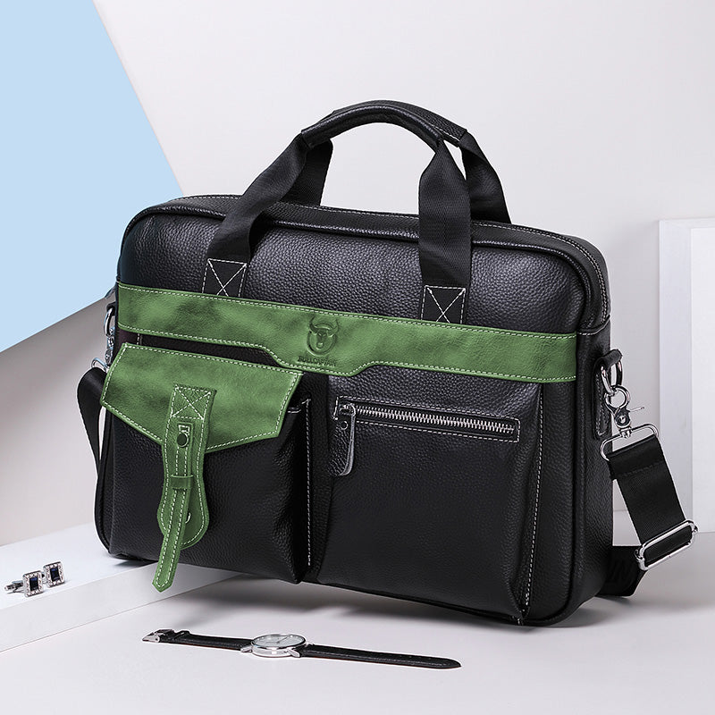Men's Leather Business Bag Shoulder Conference Computer Messenger Bag Green