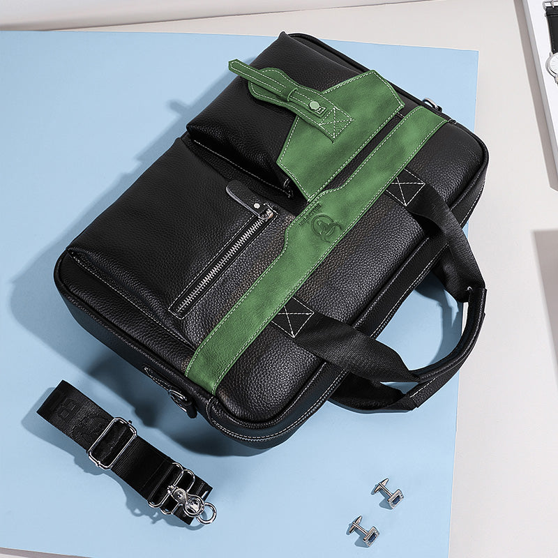 Men's Leather Business Bag Shoulder Conference Computer Messenger Bag Green