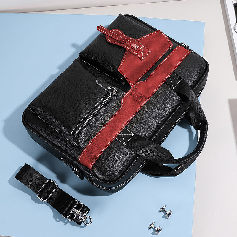 Men's Leather Business Bag Shoulder Conference Computer Messenger Bag Red