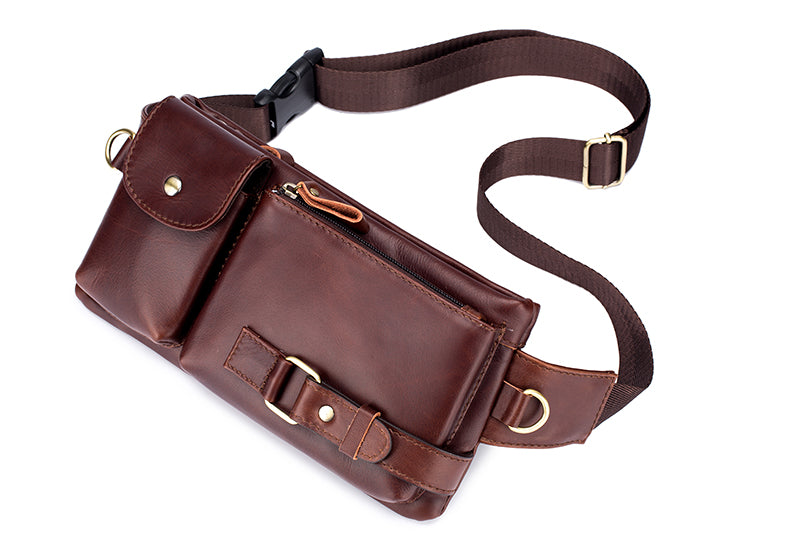 Men's Leather Fanny Pack Vintage Crossbody Chest Waist Belt Bag Coffee