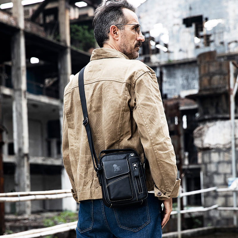 Men's Small Leather Shoulder Bag Messenger Pack Crossbody Travel Bag Black
