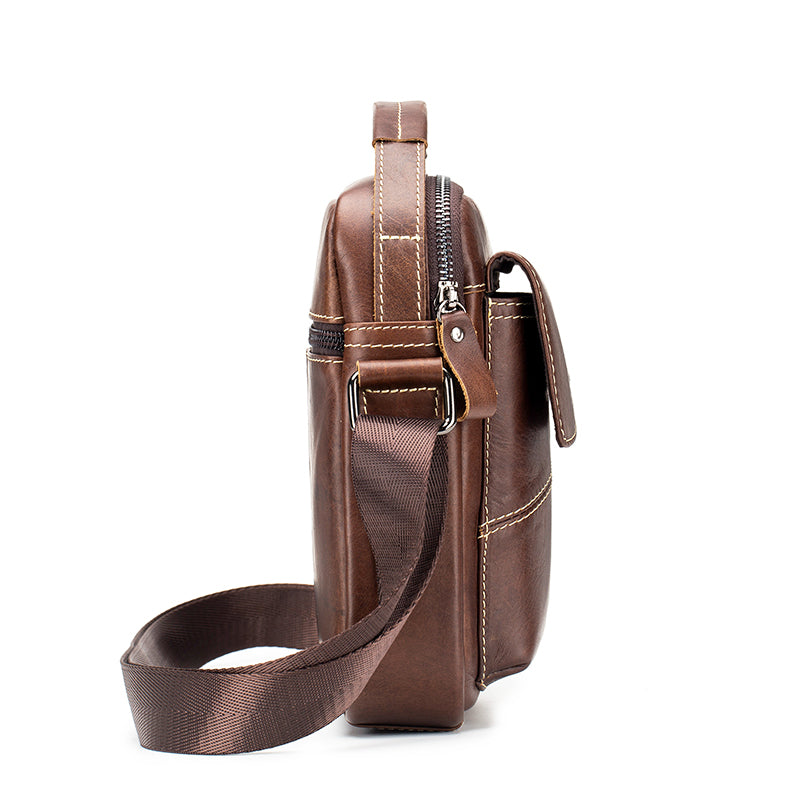 Men's Small Leather Shoulder Bag Messenger Pack Crossbody Travel Bag Brown