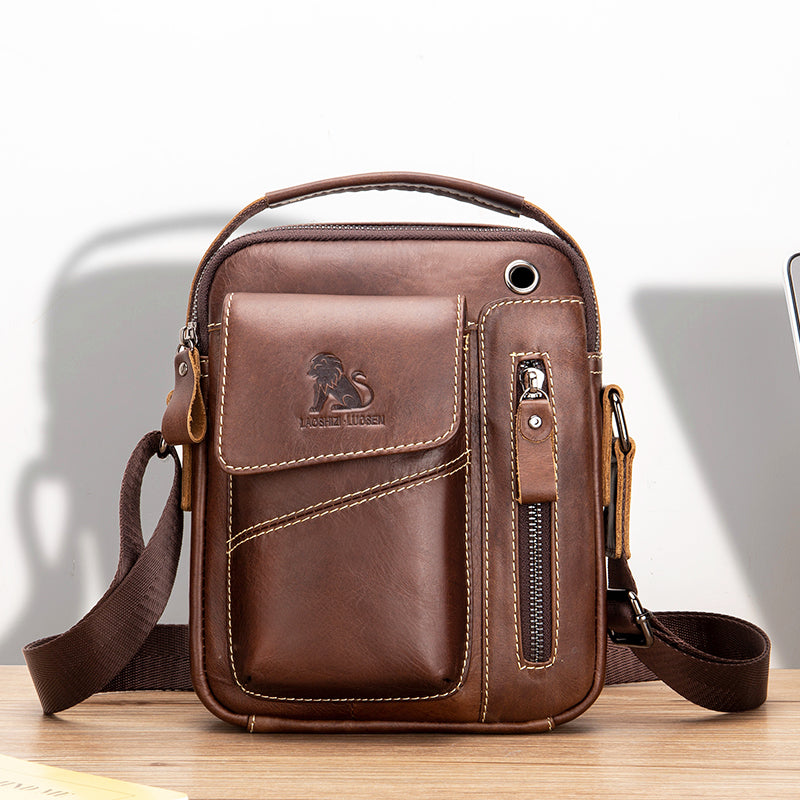Men's Small Leather Shoulder Bag Messenger Pack Crossbody Travel Bag Brown
